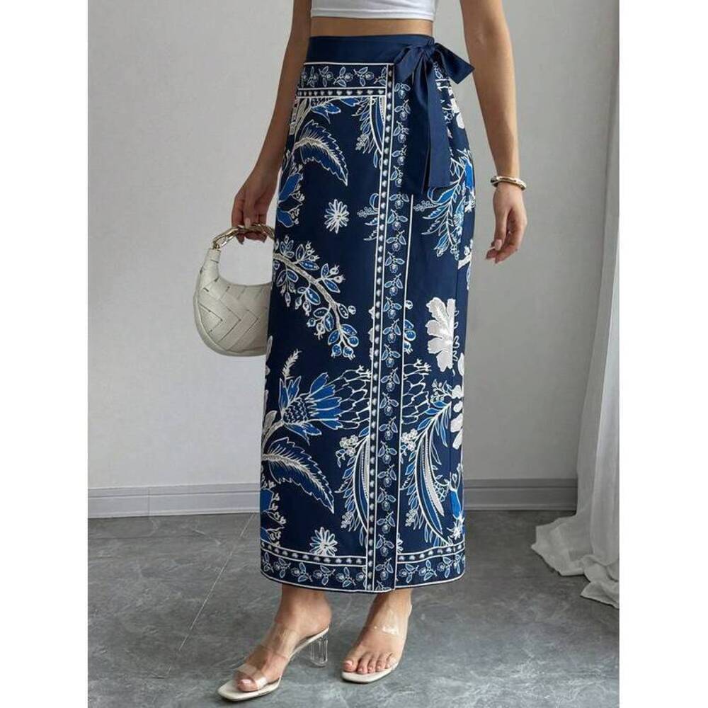 Elenzga Women's Floral Print Tie Waist Casual Wrap Skirt, Suitable For Vacation - Picture 4 of 4